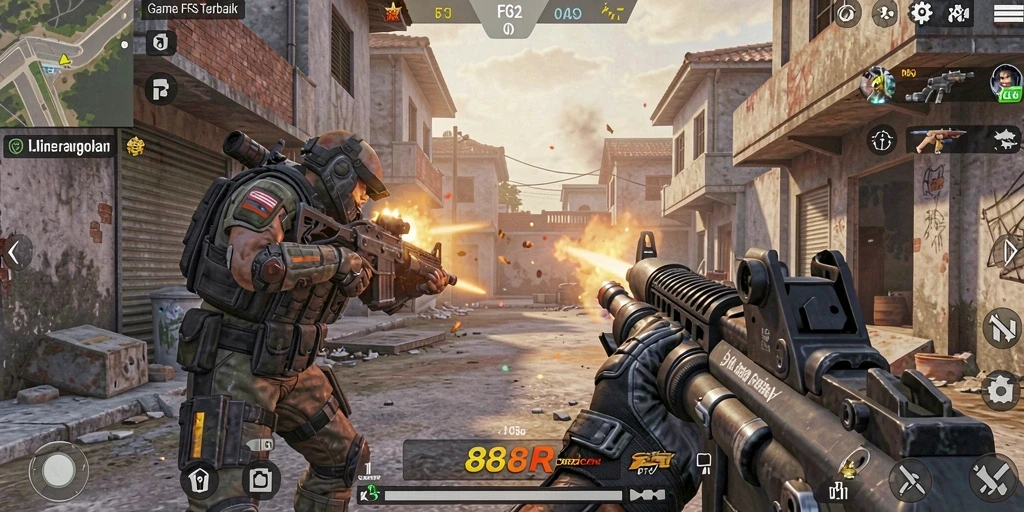 Screenshot gameplay 888R yang menegangkan dengan aksi tembak-menembak.