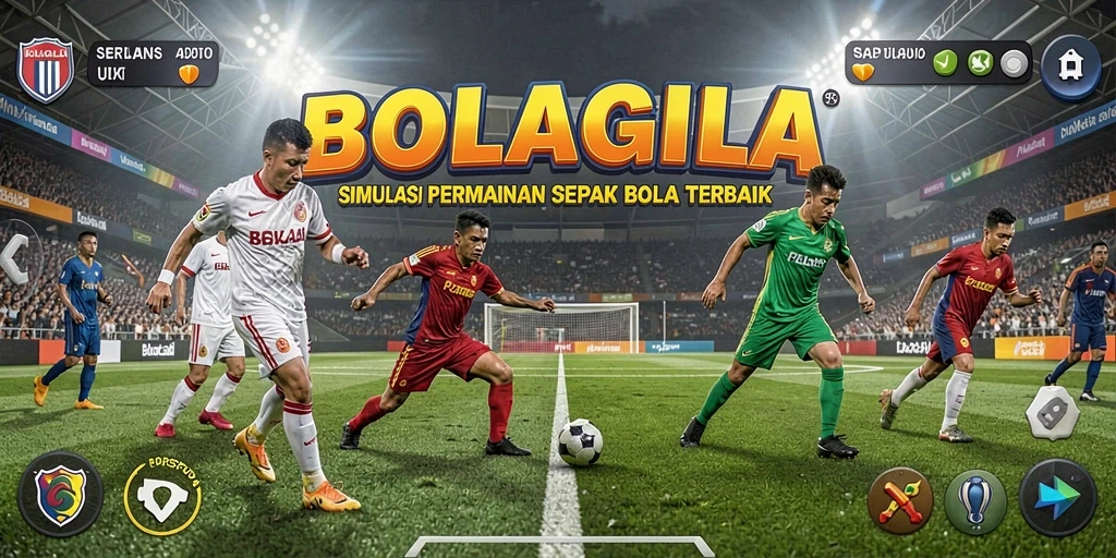 Tampilan gameplay BOLAGILA dengan aksi seru di lapangan sepak bola.