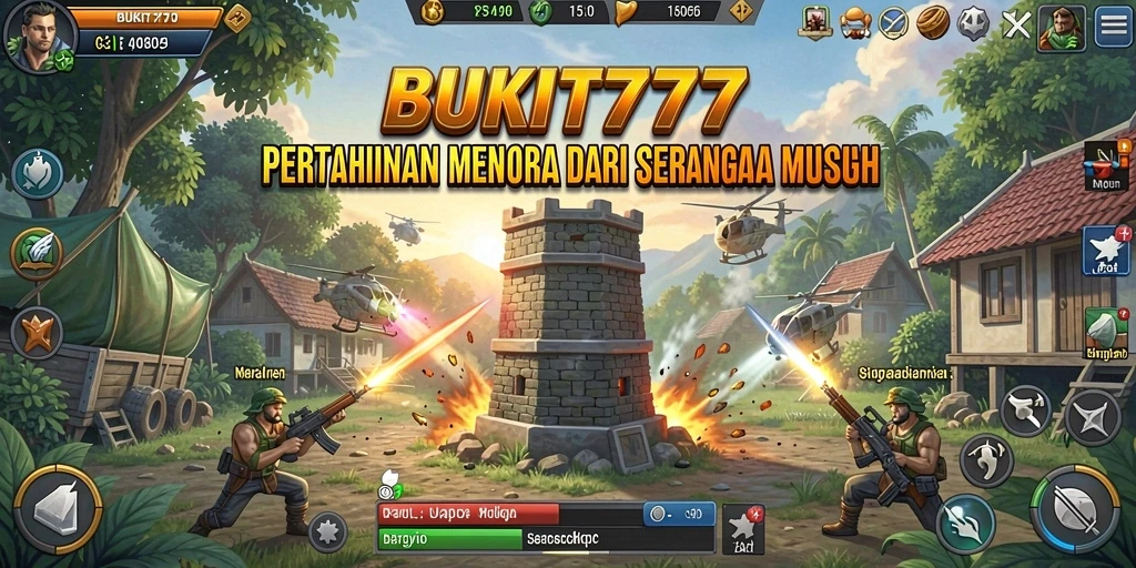 Tampilan gameplay menegangkan di BUKIT777 menunjukkan serangan musuh dan menara pertahanan.