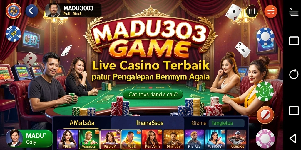 Screenshot gameplay MADU303 menampilkan dealer profesional dan suasana kasino yang menarik.