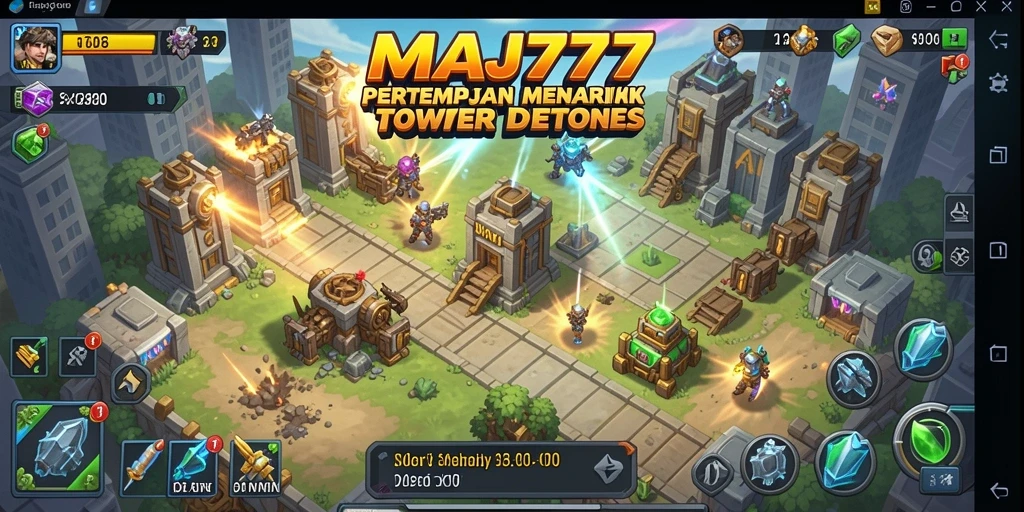 Screenshot MAJ777 menampilkan pertarungan epik Tower Defense dengan menara dan musuh.