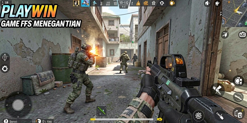 Tangkapan layar gameplay PLAYWIN menampilkan aksi tembak-menembak yang intens.