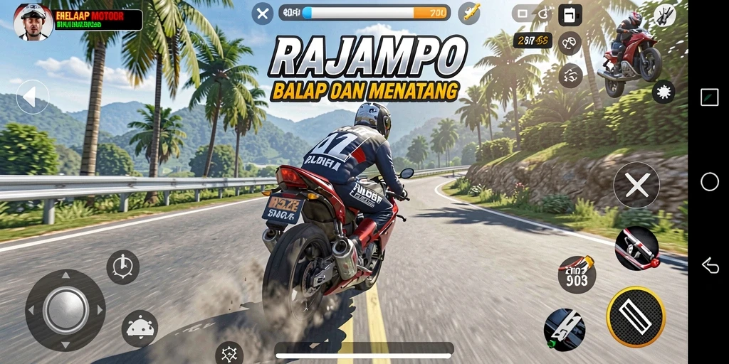 Gameplay menarik di RAJAMPO dengan aksi balap motor seru.