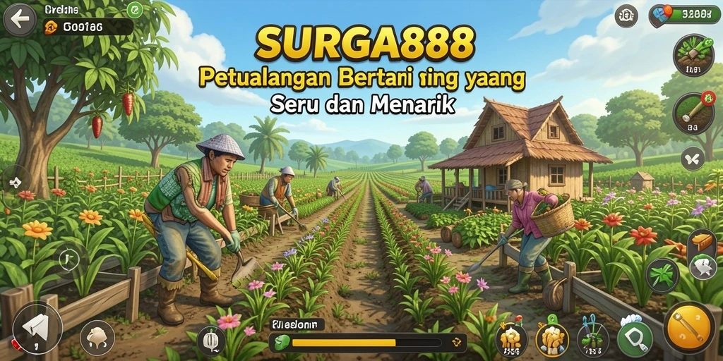 Screenshot utama menampilkan ladang yang subur dan karakter bertani.