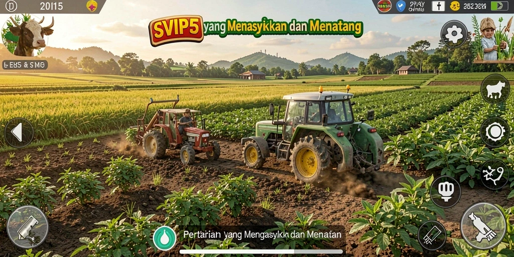 Screenshot gameplay SVIP5 menampilkan kebun yang indah dan beragam tanaman.