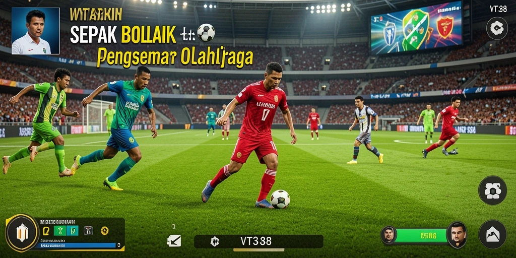 Tangkapan layar dari gameplay VT38 yang menampilkan aksi sepak bola yang dinamis.